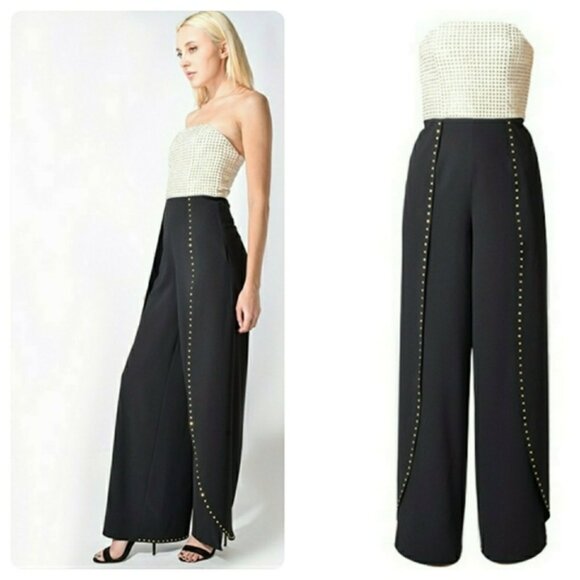 Alice + Olivia Pants - Alice + Olivia Angelica Black Strapless Studded Wide Leg Jumpsuit.  SZ 4
